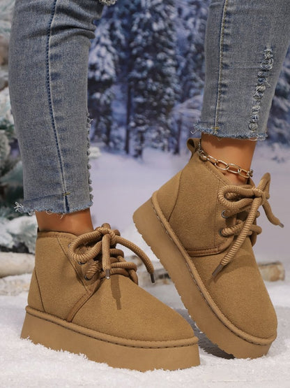 Lace Up Round Neck Platform Suede Boots