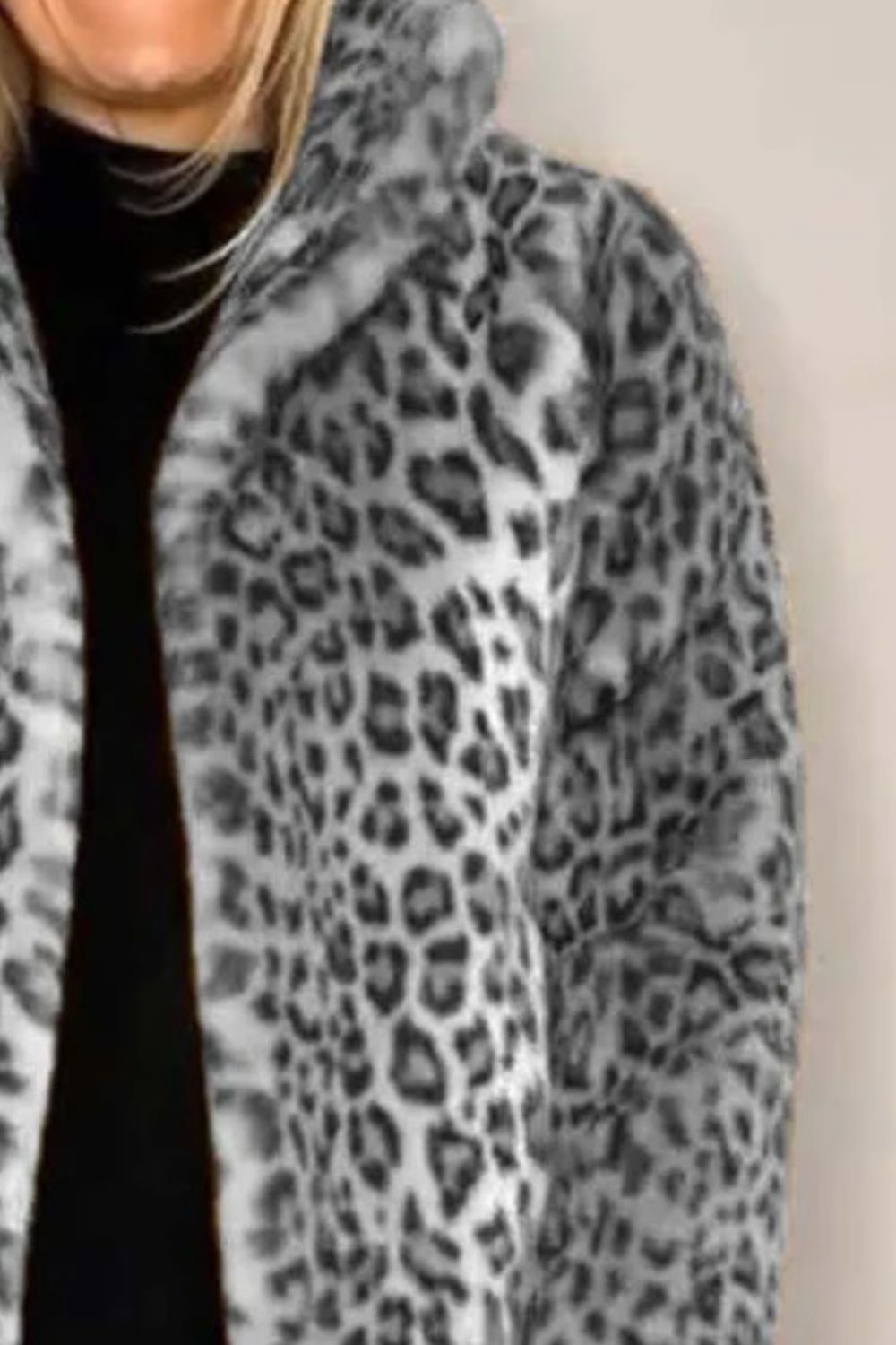 Full Size Leopard Furry Collared Neck Long Sleeve Coat